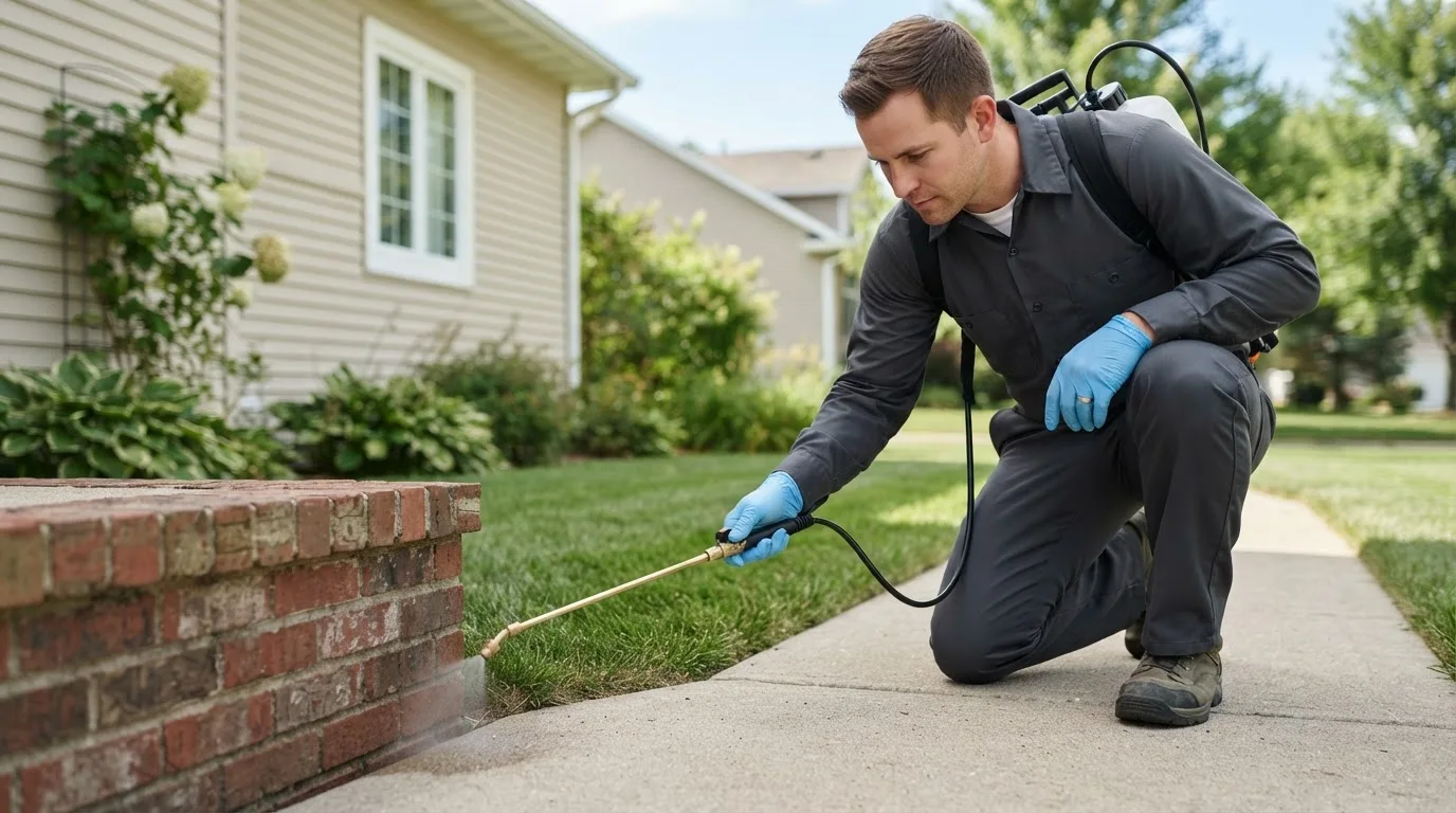 Pest control technician treating a home near Blodgett, MO