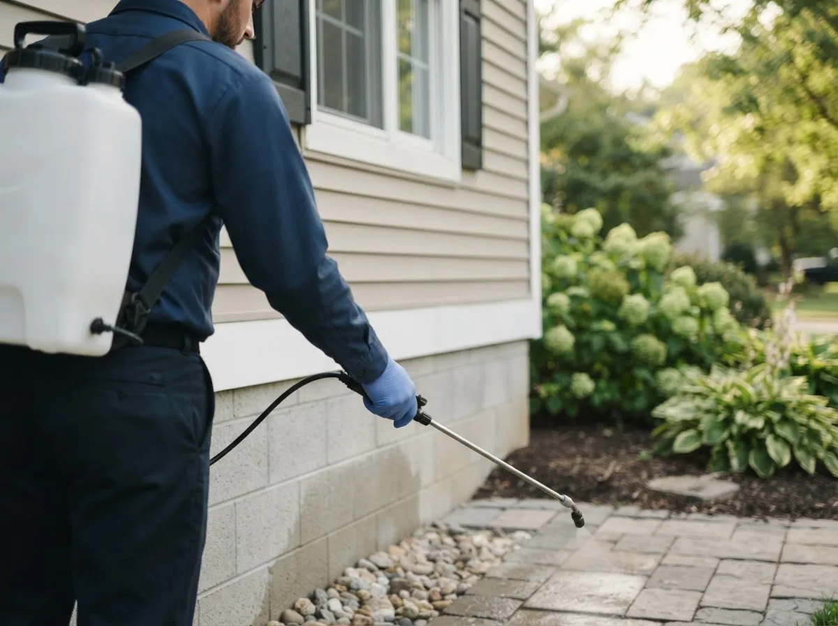 Pest control technician inspecting a home in Blodgett, MO